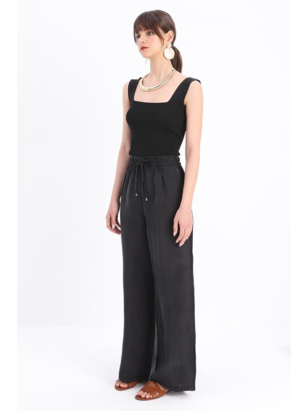 Siyah-Beli Lastikli Bol Paça Pantolon-2