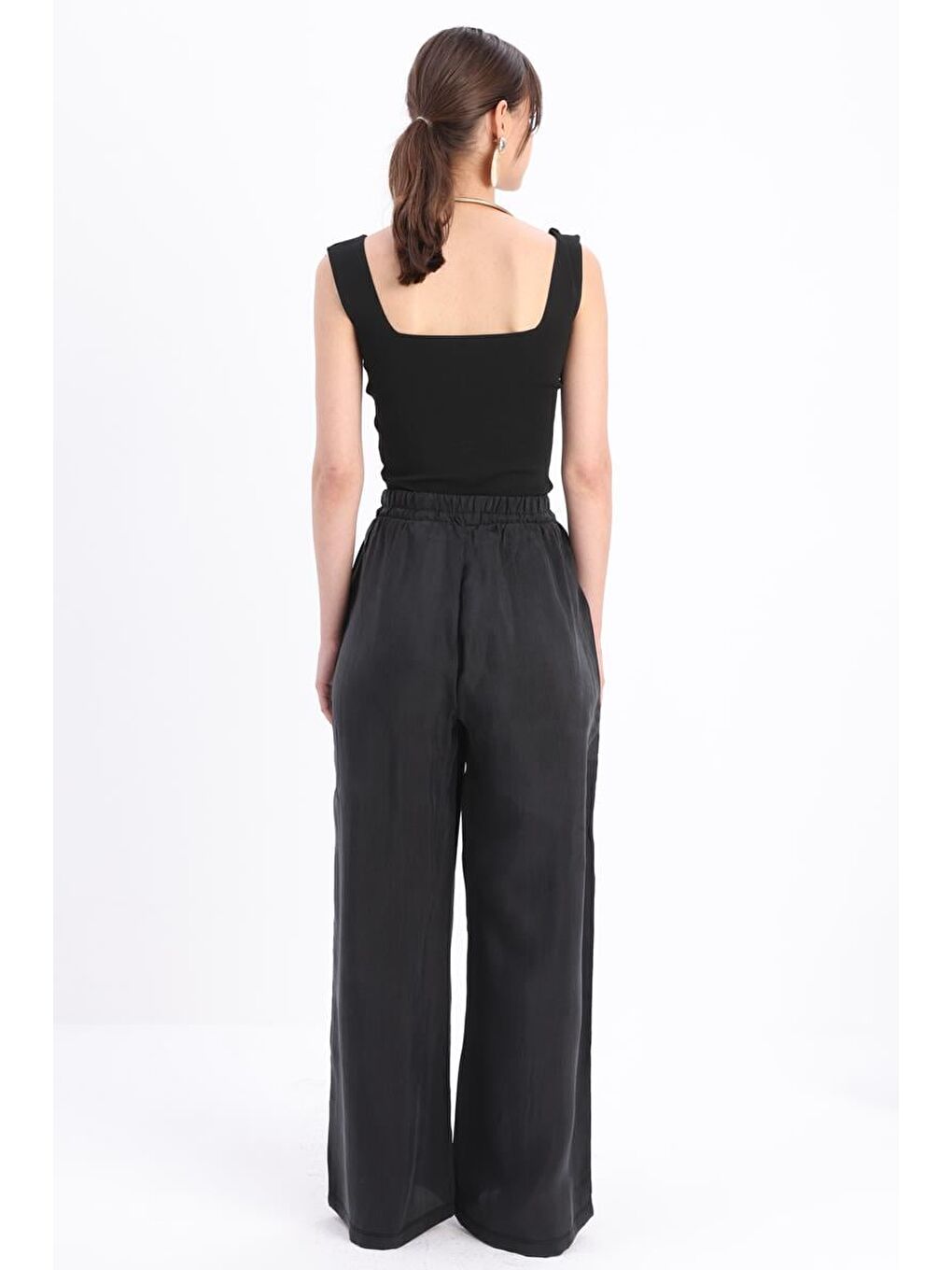 Siyah-Beli Lastikli Bol Paça Pantolon-3