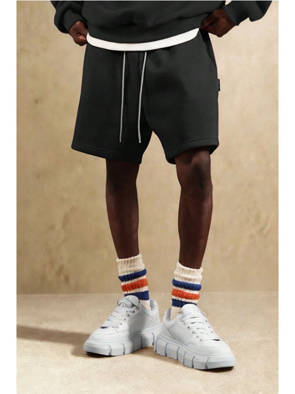 Siyah Erkek Oversize Cepli Penye Şort Lastikli Beli Ayarlanabilir Rahat Kesim Şort-1