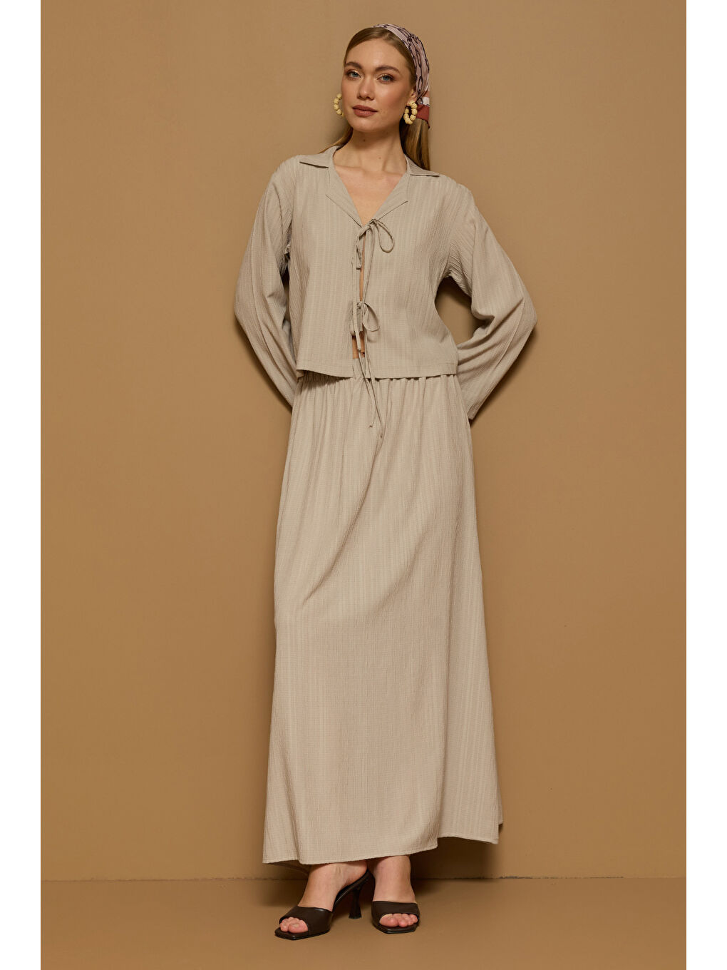 Bej Önü Bağlamalı Beli Lastikli Etekli 2 Li Takım-2