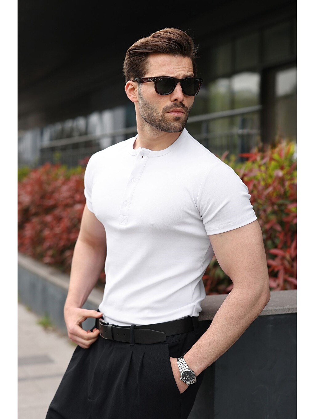 Beyaz Yarım Düğmeli Slim Fit Erkek Tişört E7186-1