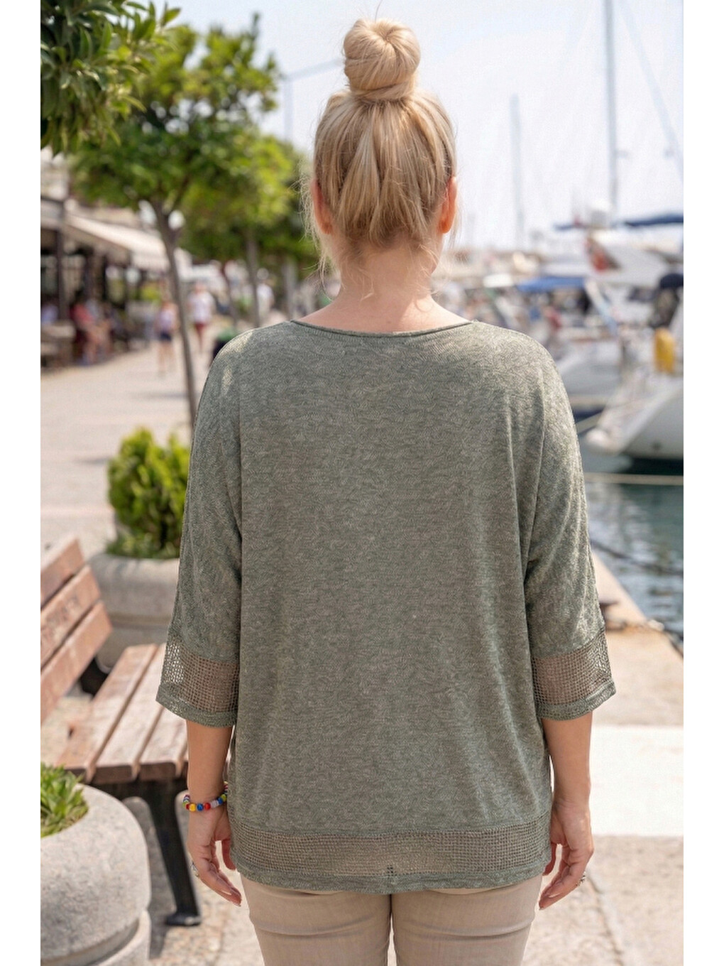 Haki Bisiklet Yaka 3/4 Kol, Kol Ve Etek Ucu File Detaylı Casual Müslin Oversize Dokuma Bluz 60 65-4