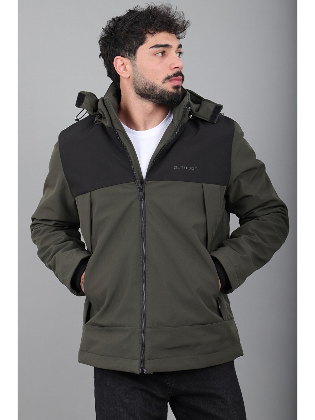 Haki Parçalı İçi Kürklü Softsheel Kışlık Mont Kmd 889_50523-4