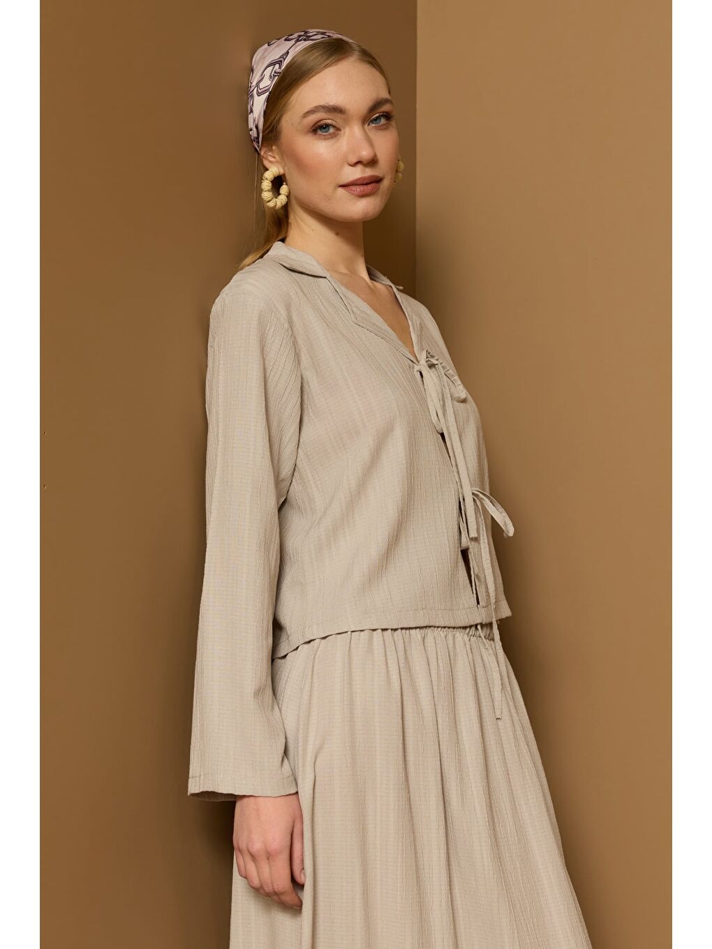 Bej Önü Bağlamalı Beli Lastikli Etekli 2 Li Takım-3