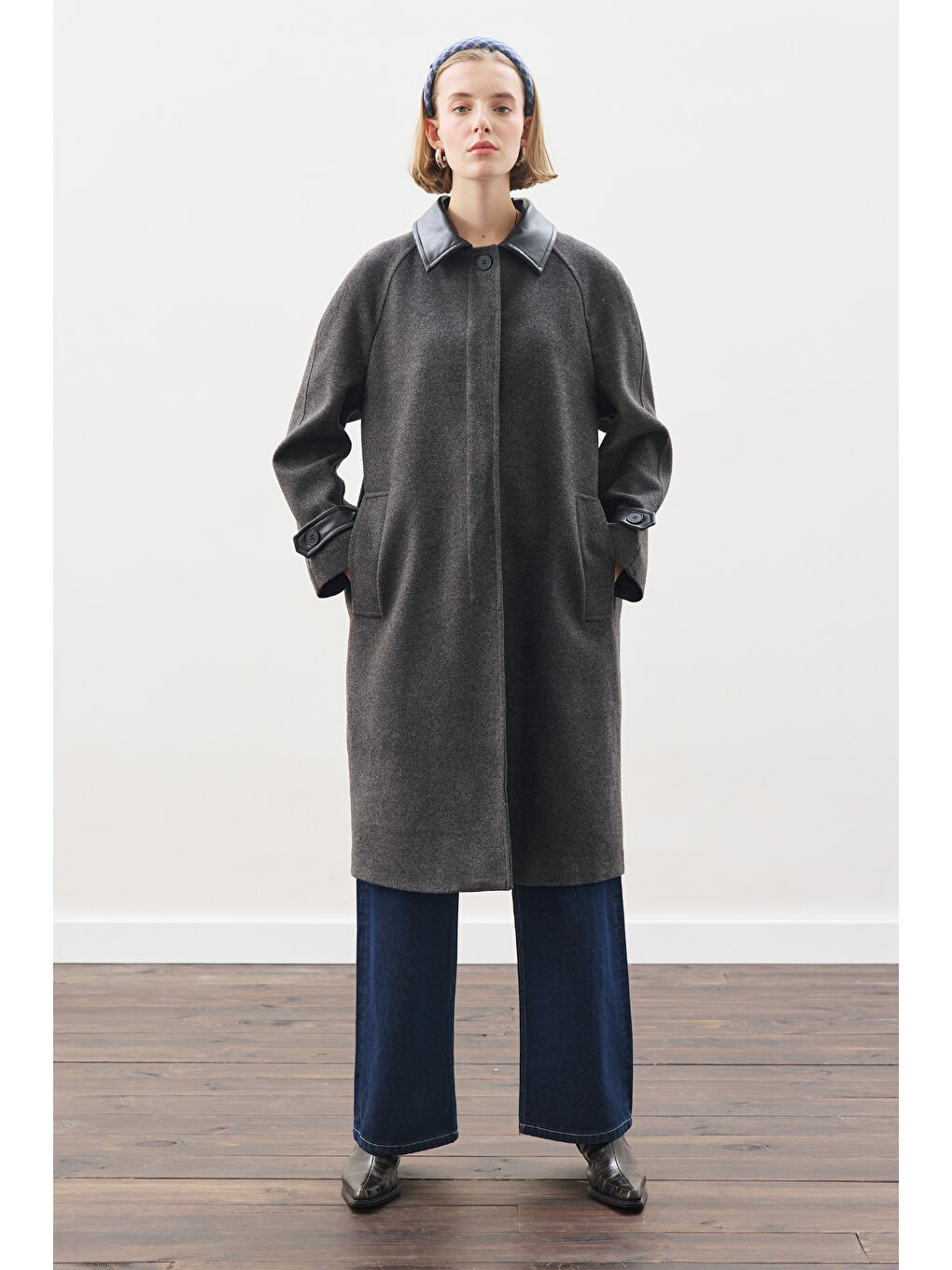 Deri Detaylı Kaşe Kaban Antrasit