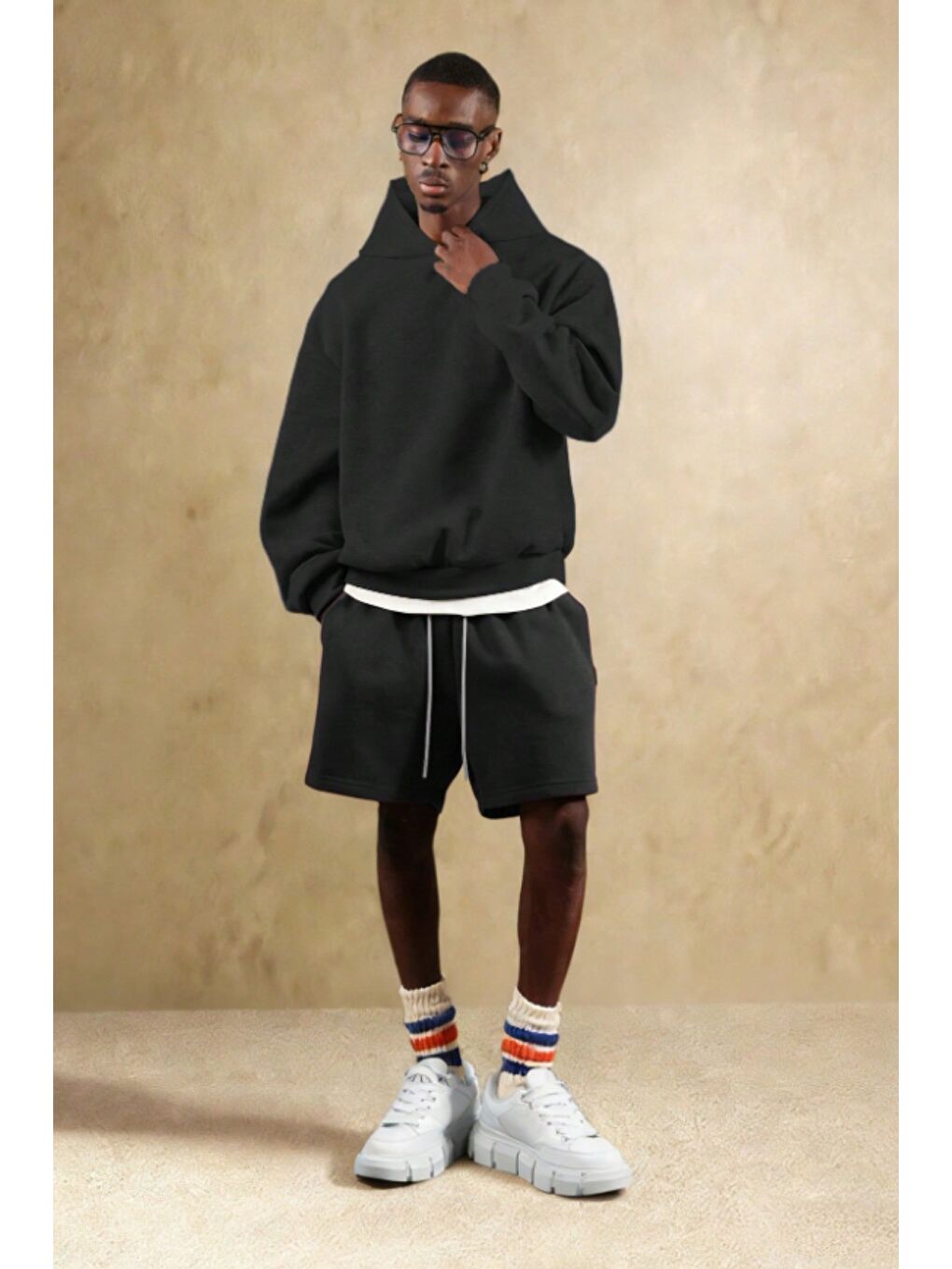 Siyah Erkek Oversize Cepli Penye Şort Lastikli Beli Ayarlanabilir Rahat Kesim Şort-4