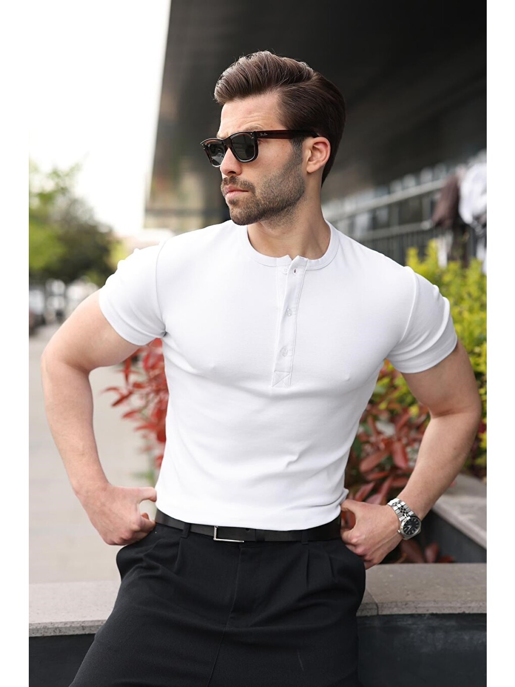 Beyaz Yarım Düğmeli Slim Fit Erkek Tişört E7186-5