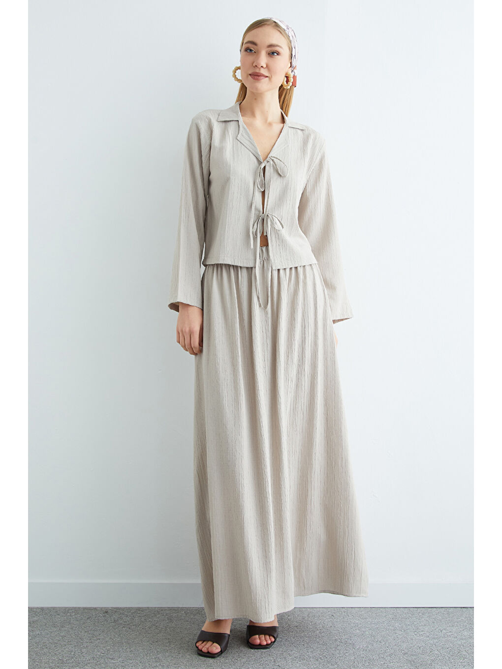 Bej Önü Bağlamalı Beli Lastikli Etekli 2 Li Takım-4