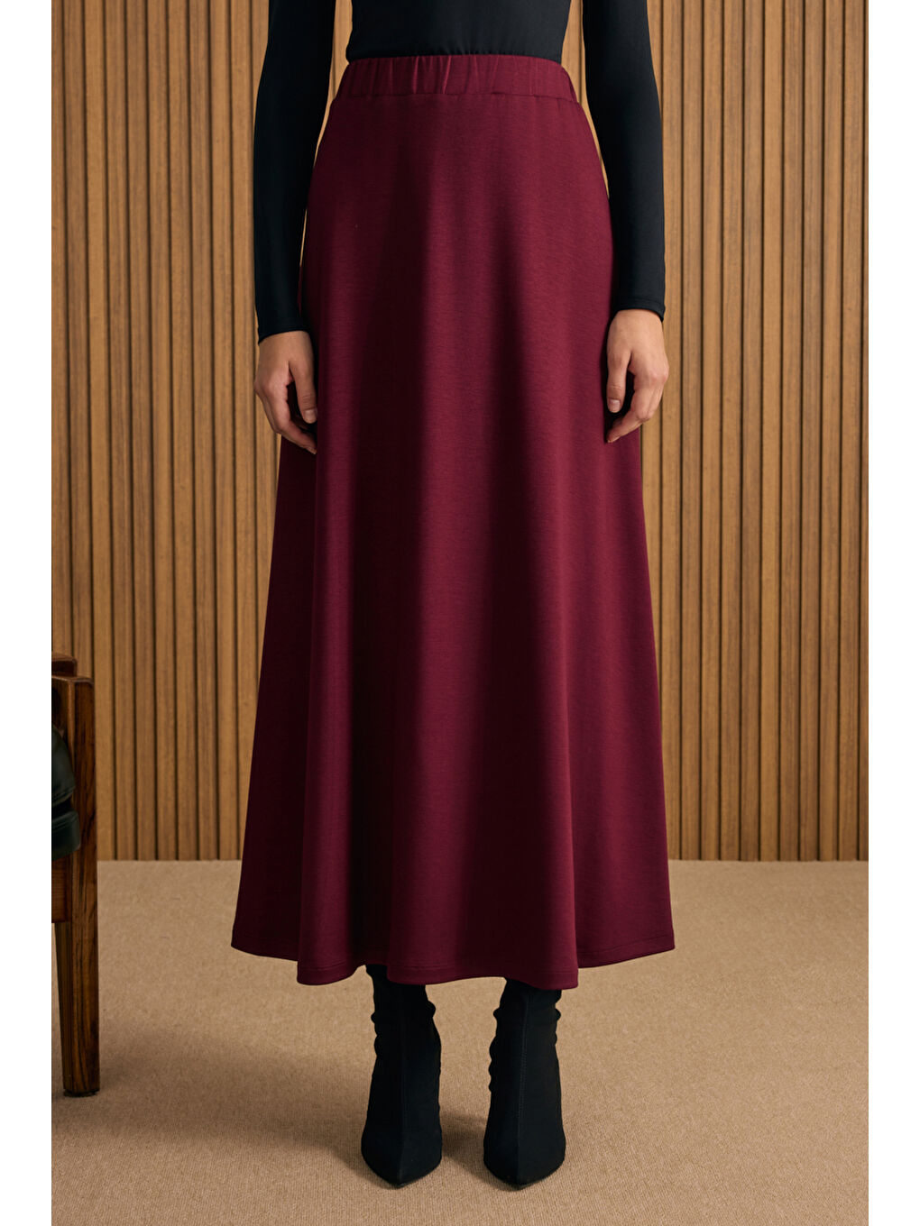 Bordo Beli Lastikli Örme Kloş Etek-2