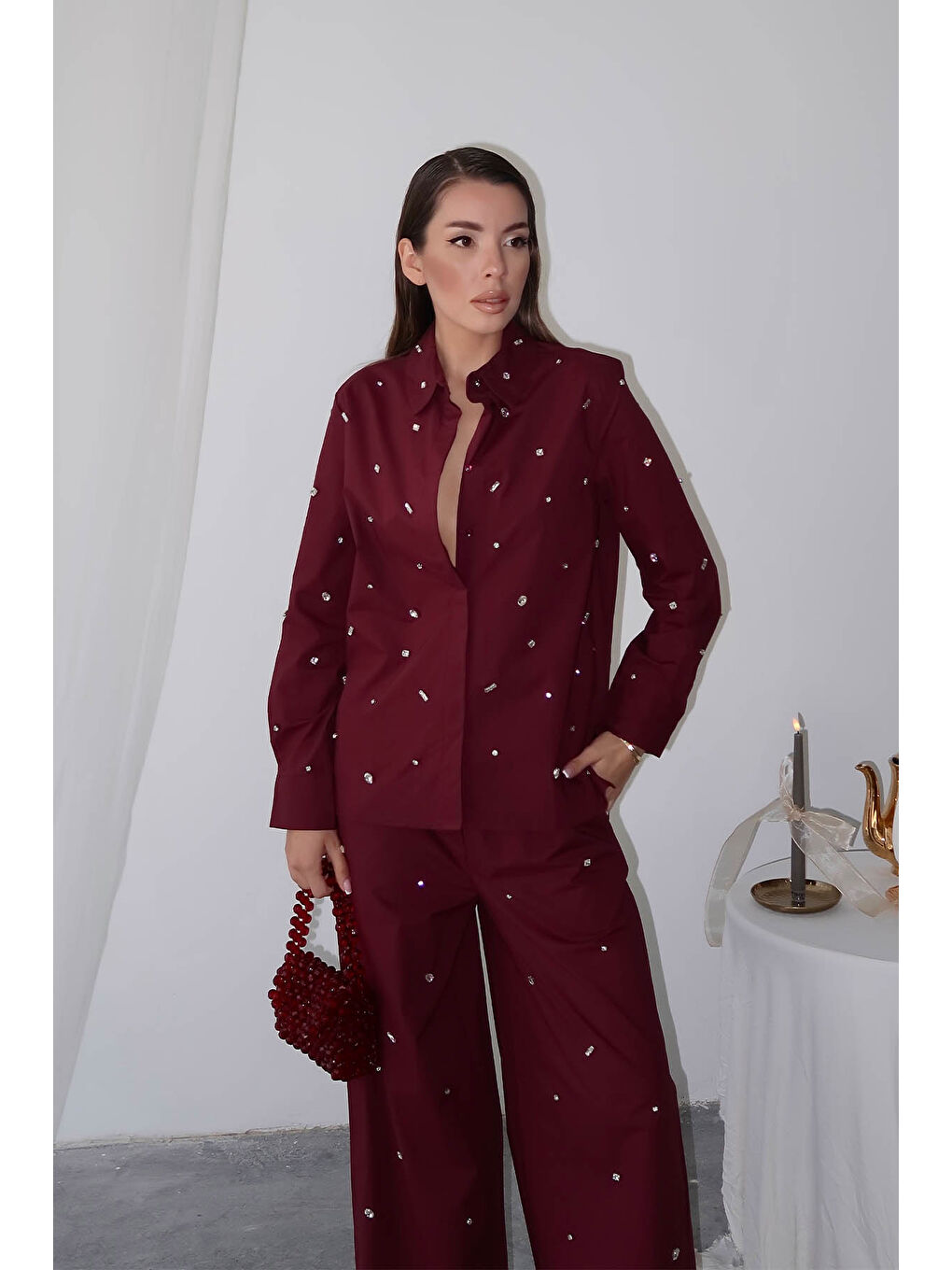 Bordo Taş İşlemeli Gömlek 6YXK2-49102-05