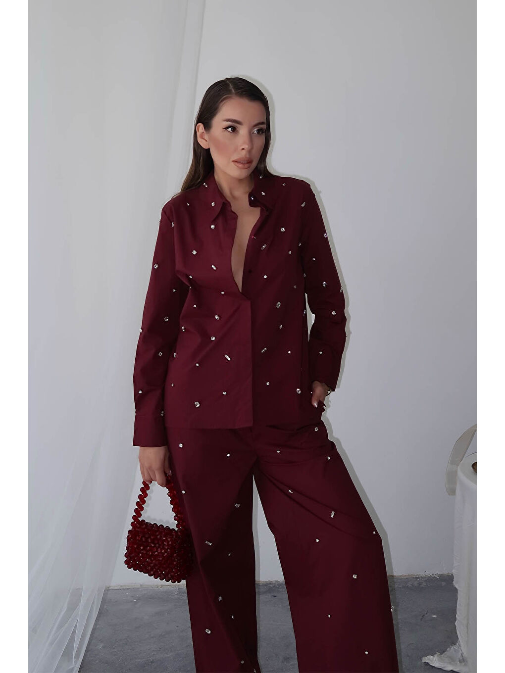 Bordo Taş İşlemeli Gömlek 6YXK2-49102-05-1