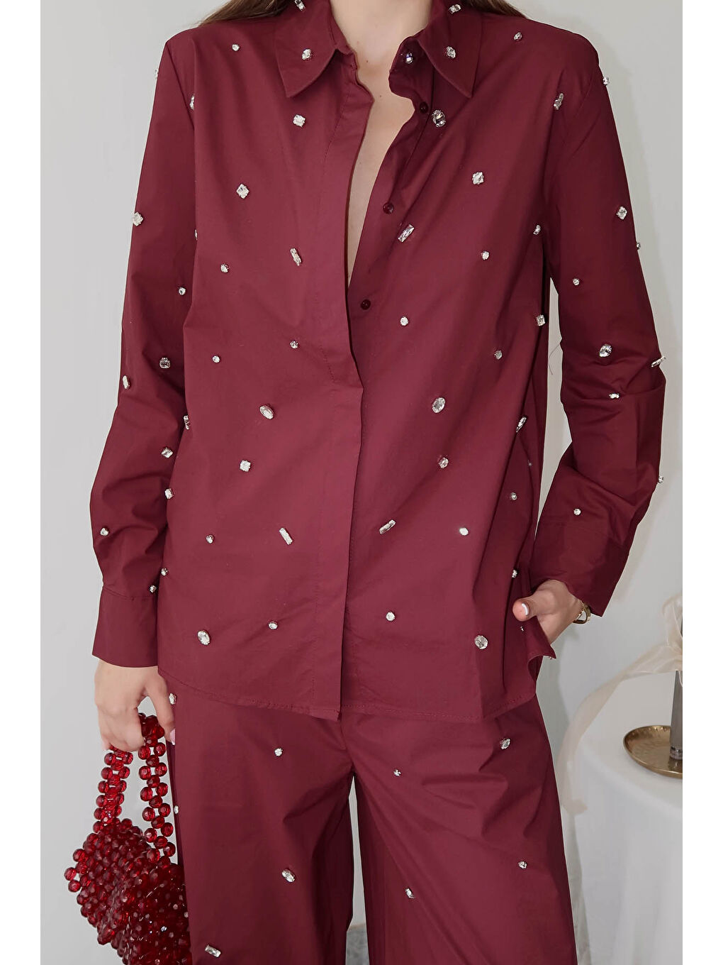 Bordo Taş İşlemeli Gömlek 6YXK2-49102-05-2