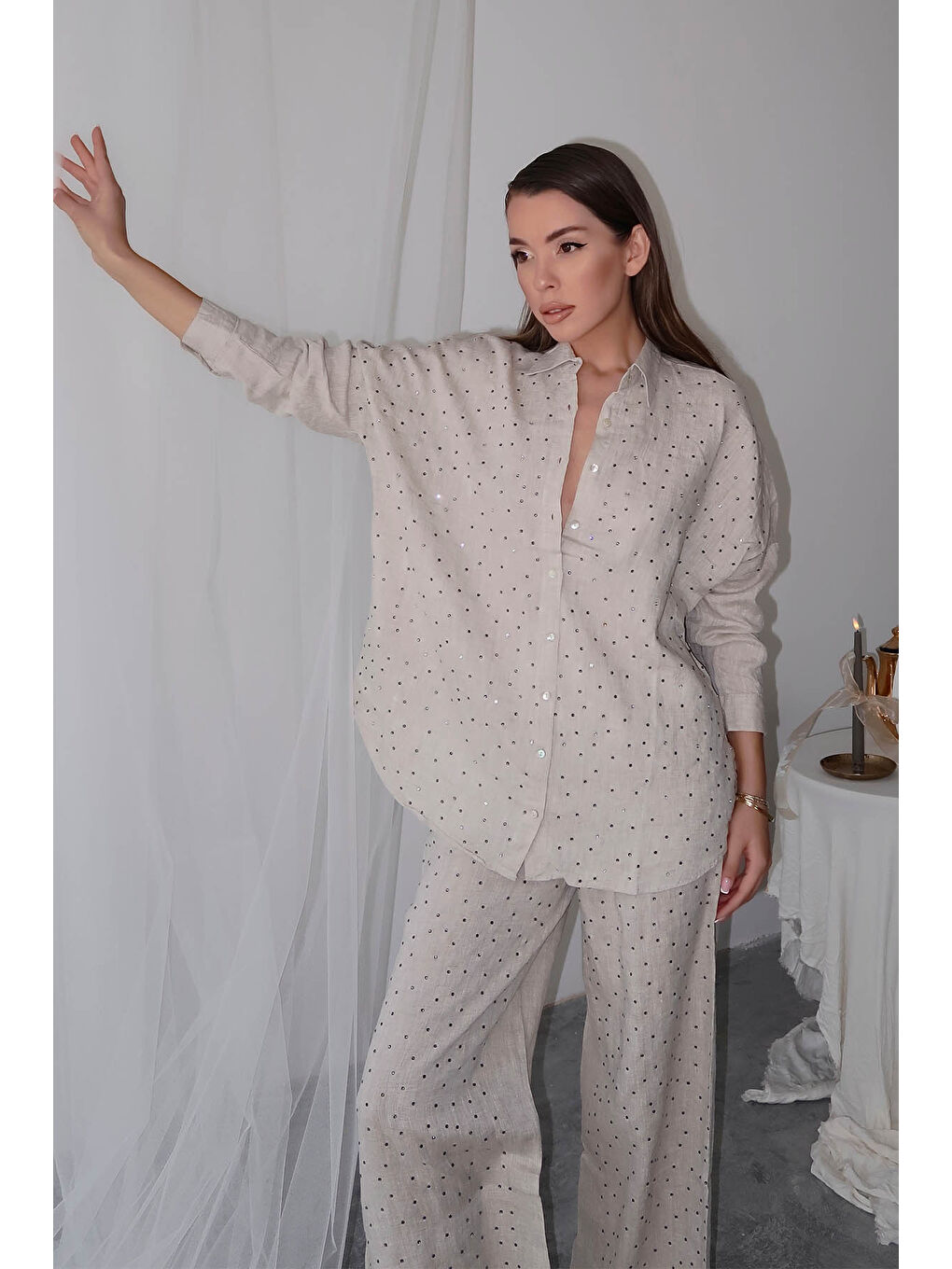 Bej Taş İşlemeli Ham Keten Gömlek 5YXK2-48888-25-1