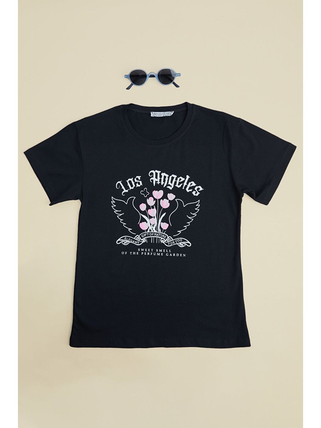 Siyah Los Angeles Ve Lale Baskılı Kız Çocuk Tişört