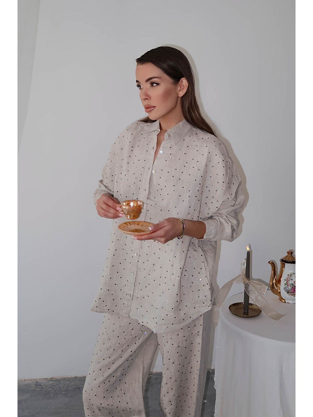 Bej Taş İşlemeli Ham Keten Gömlek 5YXK2-48888-25-2