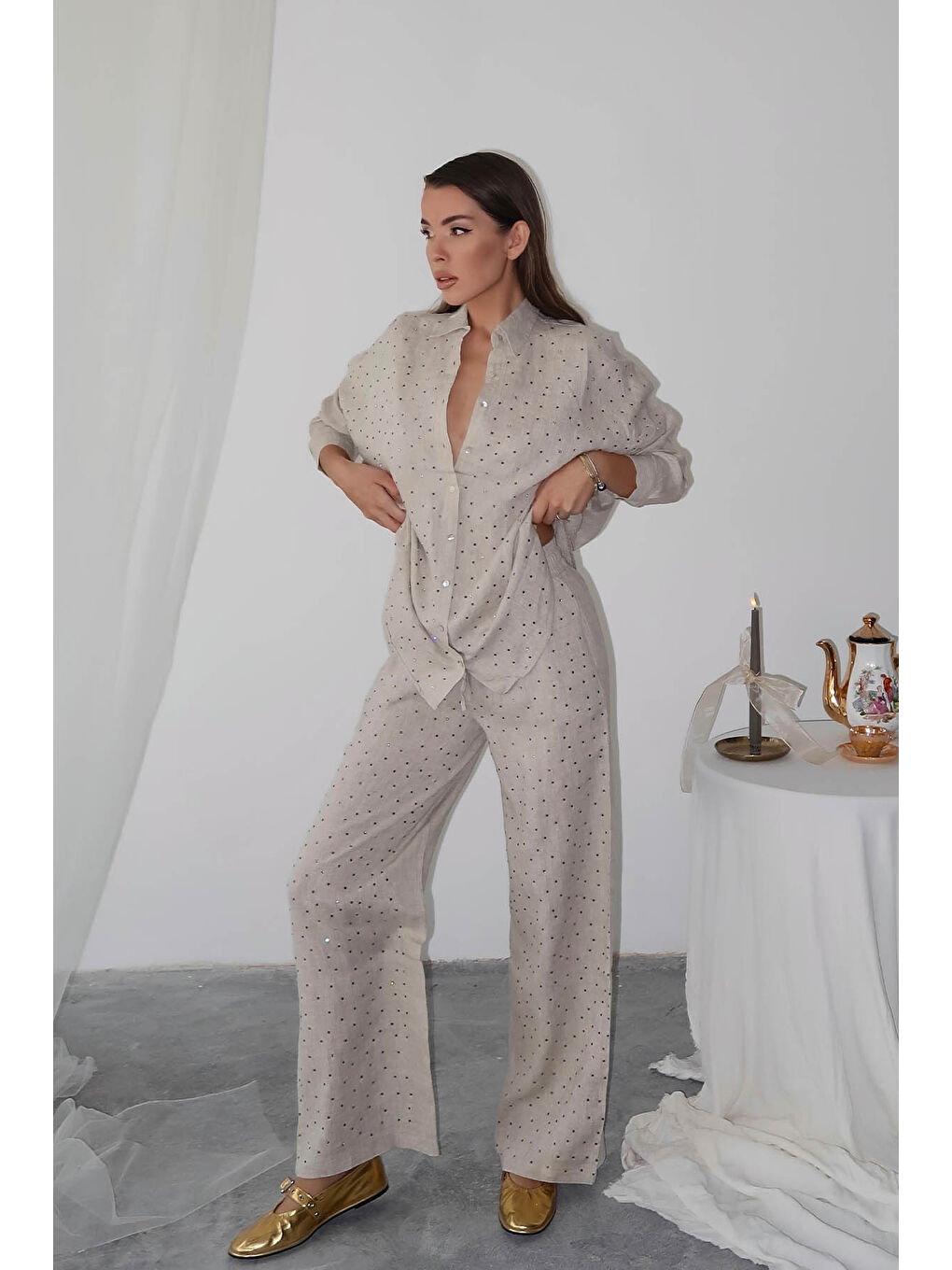 Bej Taş İşlemeli Ham Keten Gömlek 5YXK2-48888-25-3