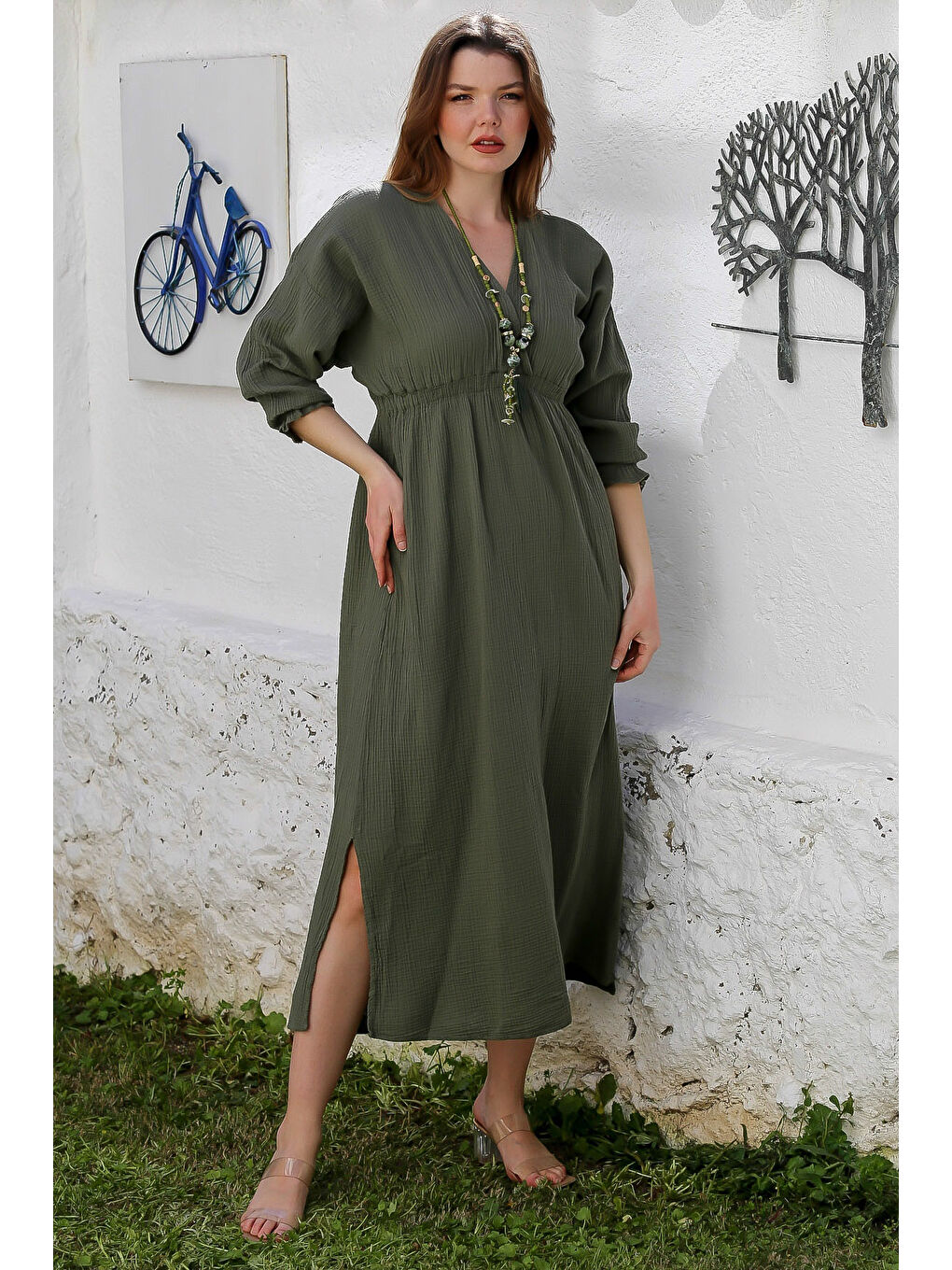 Haki Kruvaze Yaka 3/4 Kol Yıkamalı Yırtmaçlı Casual Müslin Uzun Dokuma Elbise 130 60-1
