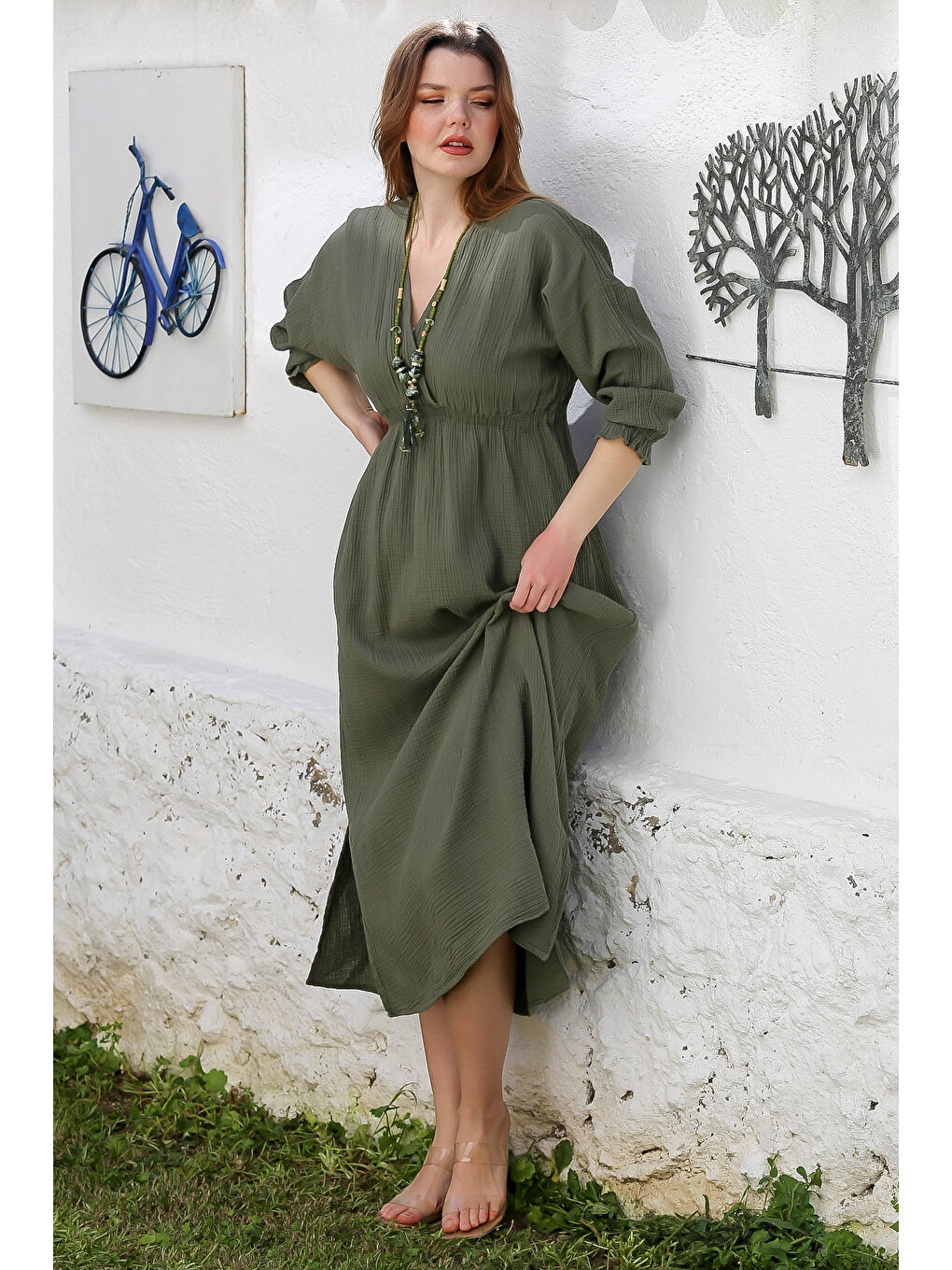 Haki Kruvaze Yaka 3/4 Kol Yıkamalı Yırtmaçlı Casual Müslin Uzun Dokuma Elbise 130 60-2