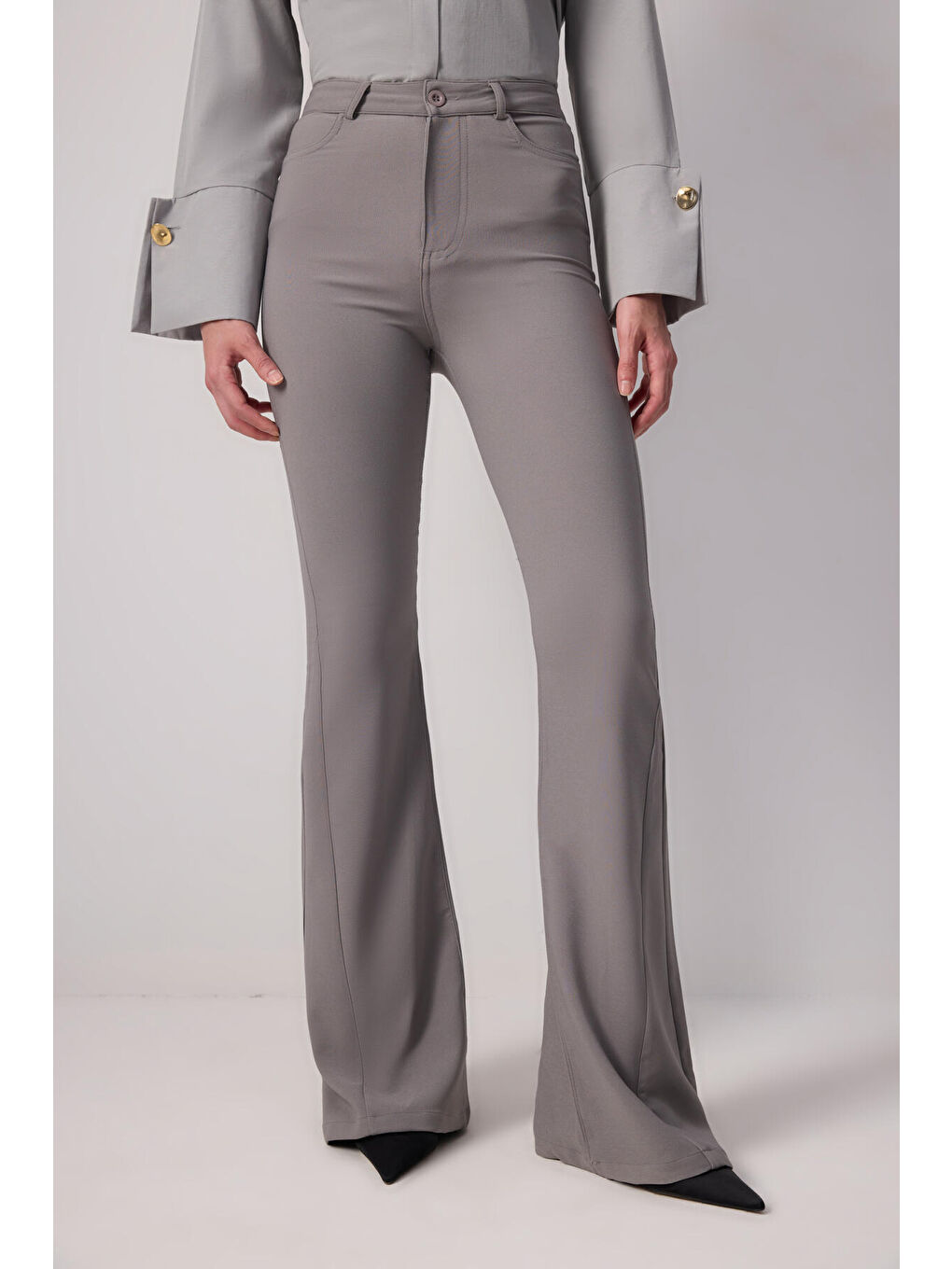 Gri İspanyol Paça Krep Pantolon-1
