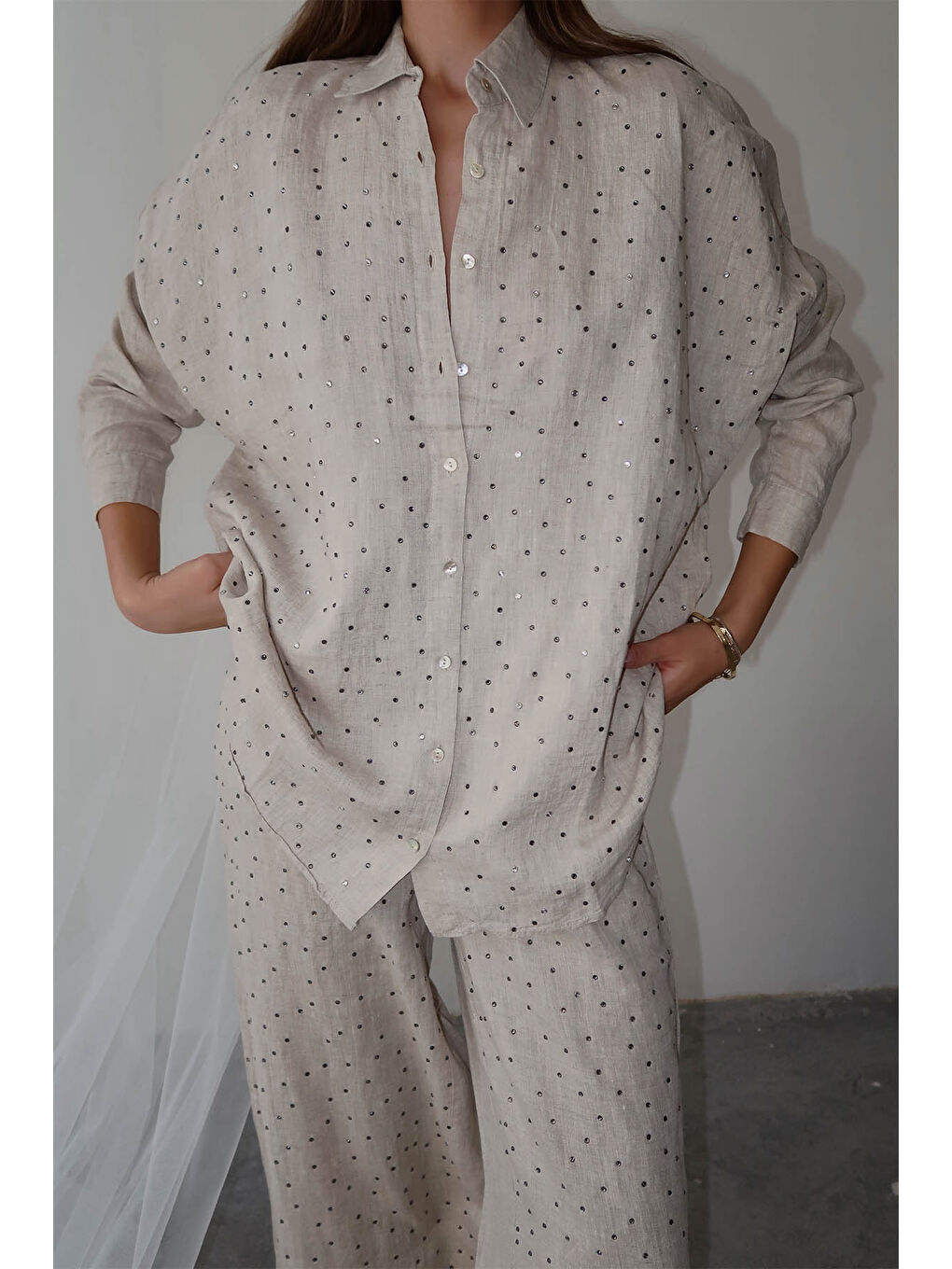 Bej Taş İşlemeli Ham Keten Gömlek 5YXK2-48888-25-4