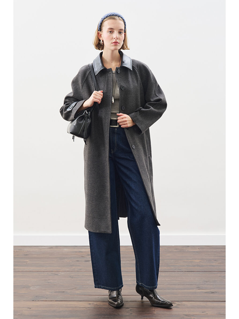 Deri Detaylı Kaşe Kaban Antrasit-1