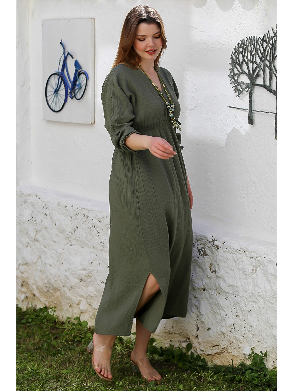 Haki Kruvaze Yaka 3/4 Kol Yıkamalı Yırtmaçlı Casual Müslin Uzun Dokuma Elbise 130 60-3