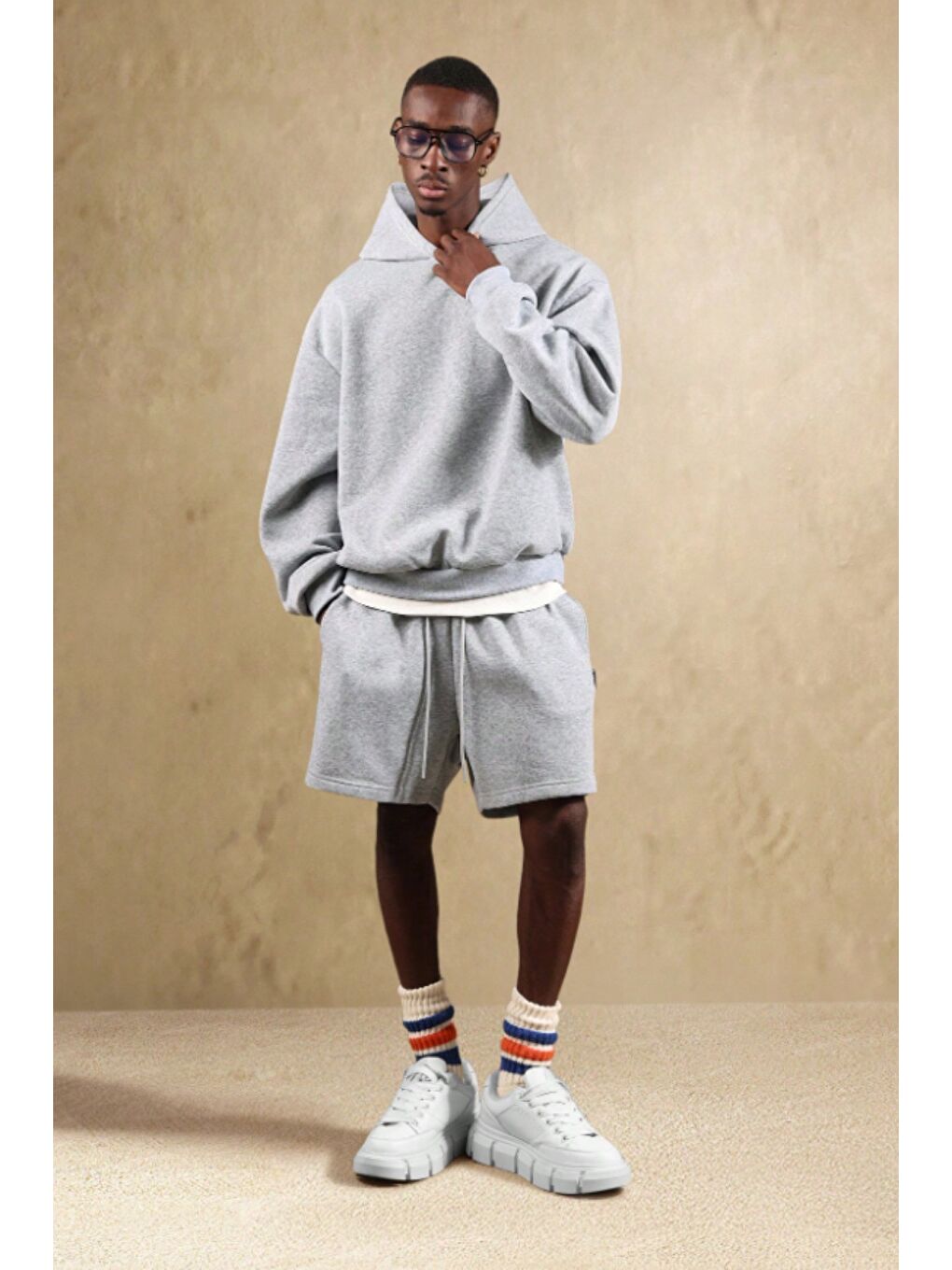 Gri Erkek Oversize Cepli Penye Şort Lastikli Beli Ayarlanabilir Rahat Kesim Şort-2