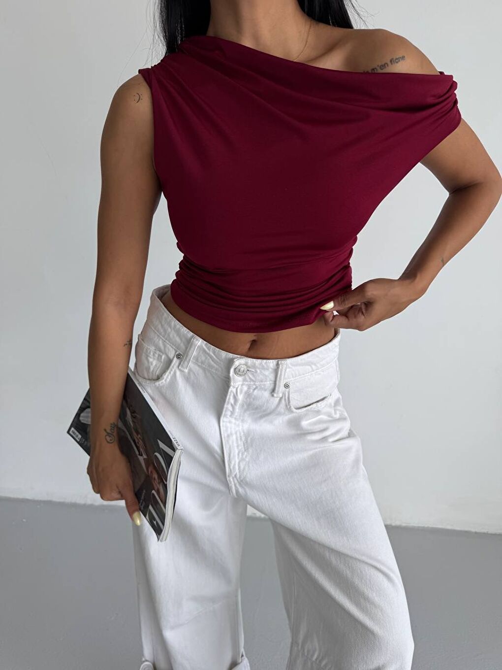 Omuz Detay Bordo Sandy Bluz-3