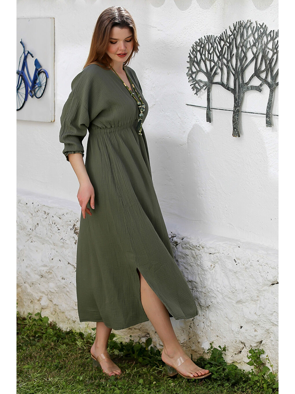 Haki Kruvaze Yaka 3/4 Kol Yıkamalı Yırtmaçlı Casual Müslin Uzun Dokuma Elbise 130 60-4