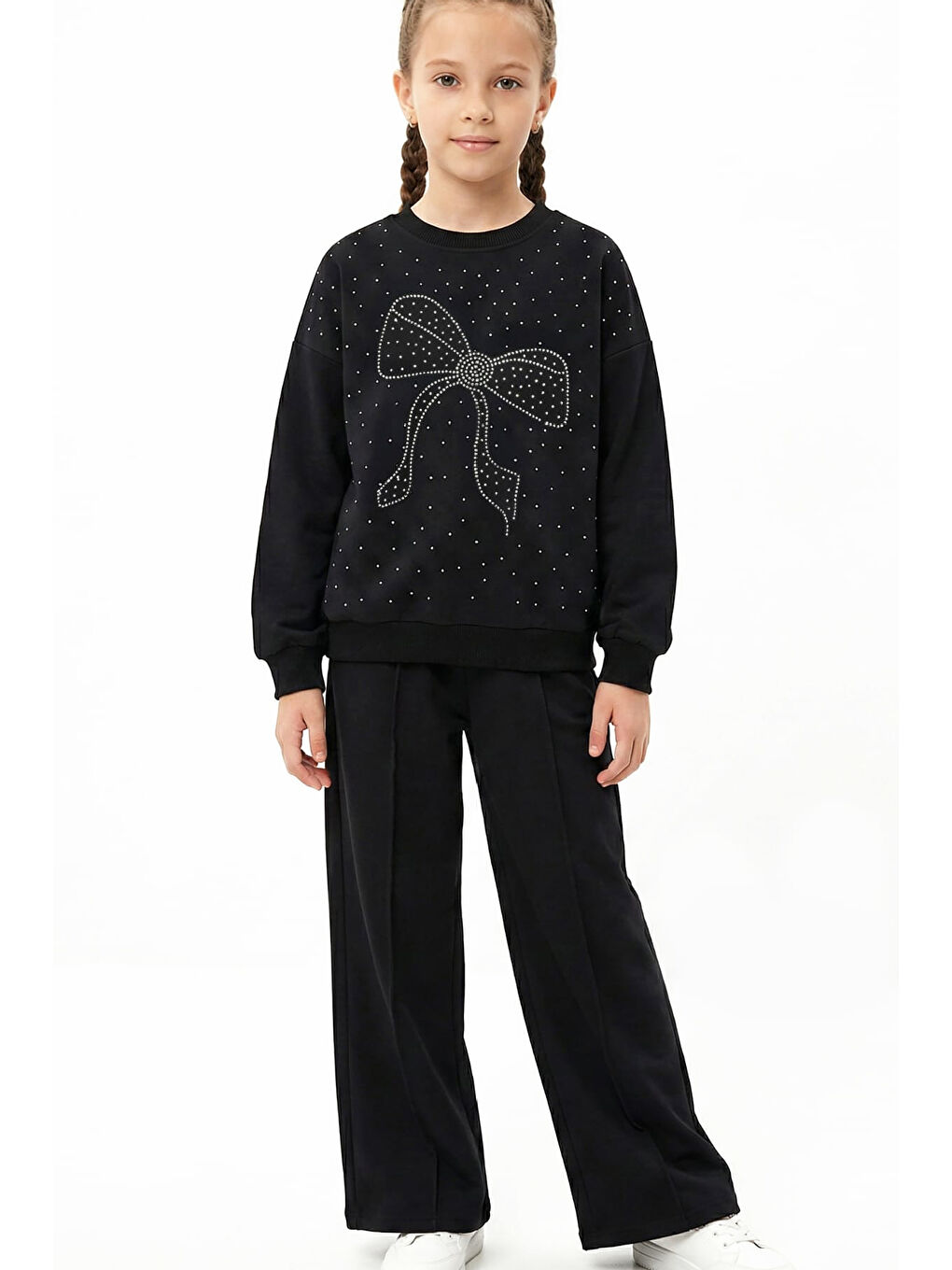 Siyah Kız Çocuk Taş Süslemeli Fiyonk Desenli 2 İplik Alt-Üst Takım 4-12 Yaş 12512