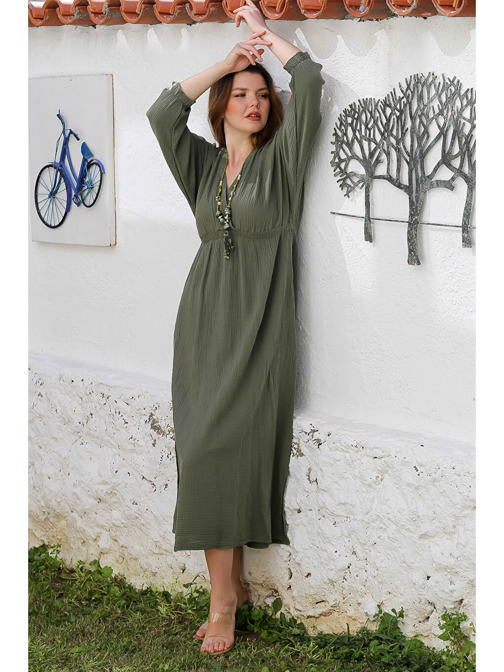 Haki Kruvaze Yaka 3/4 Kol Yıkamalı Yırtmaçlı Casual Müslin Uzun Dokuma Elbise 130 60-5