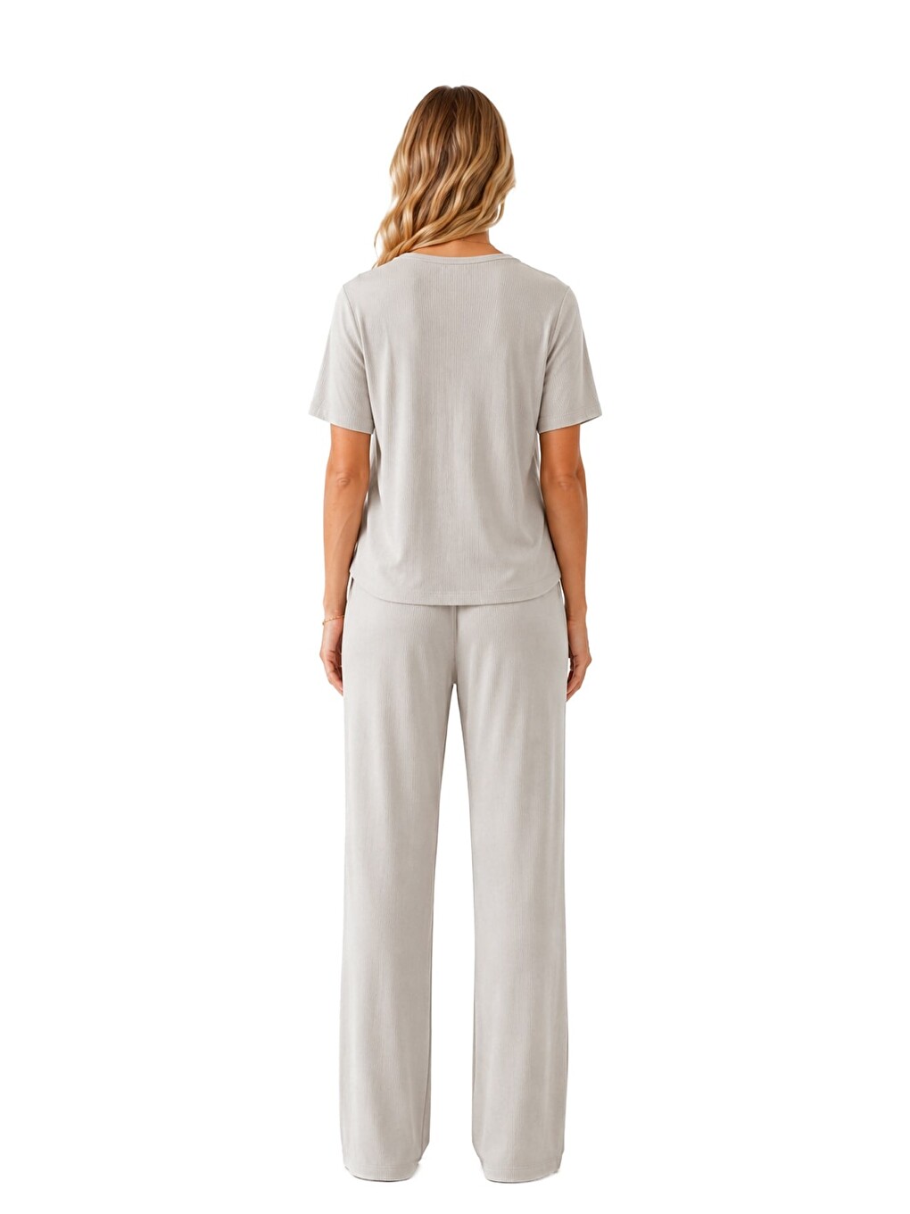 Premium - Neat Collection | Gri Rib Dokulu V Yaka Modal Viskon Bol Paça Kadın Pijama Takımı-2