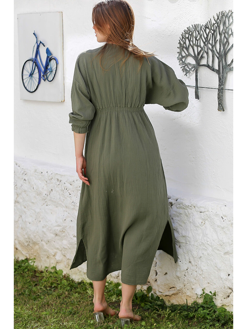 Haki Kruvaze Yaka 3/4 Kol Yıkamalı Yırtmaçlı Casual Müslin Uzun Dokuma Elbise 130 60-6