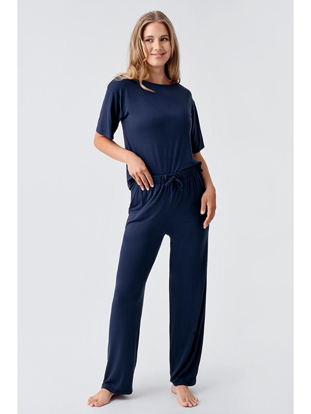 Lacivert Kısa Kollu Esnek Viskoz Pijama Takım 18215-1