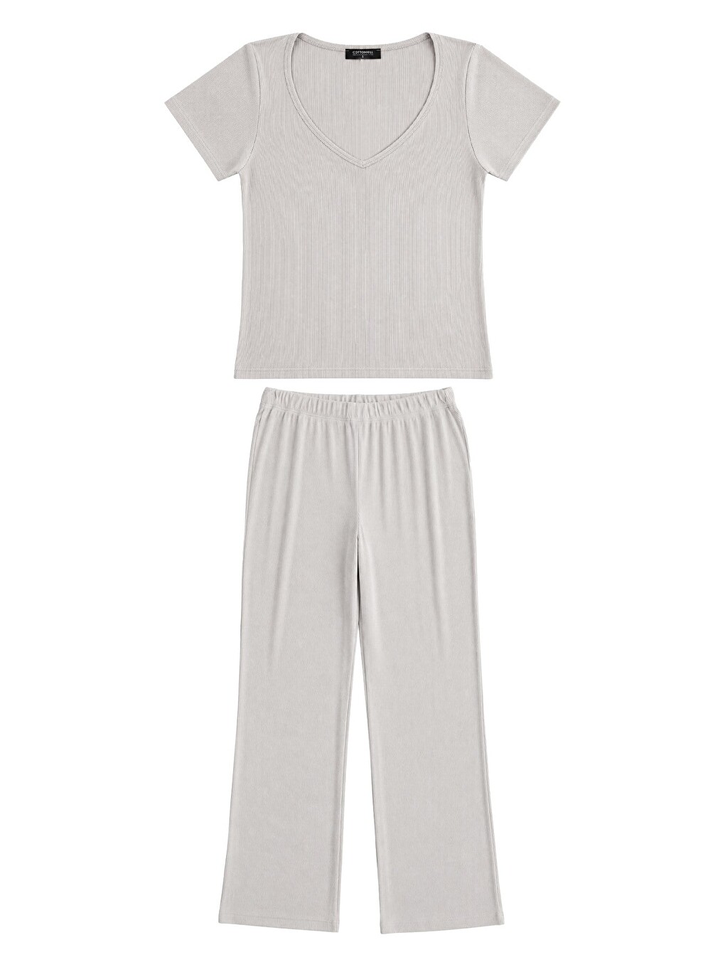 Premium - Neat Collection | Gri Rib Dokulu V Yaka Modal Viskon Bol Paça Kadın Pijama Takımı-4