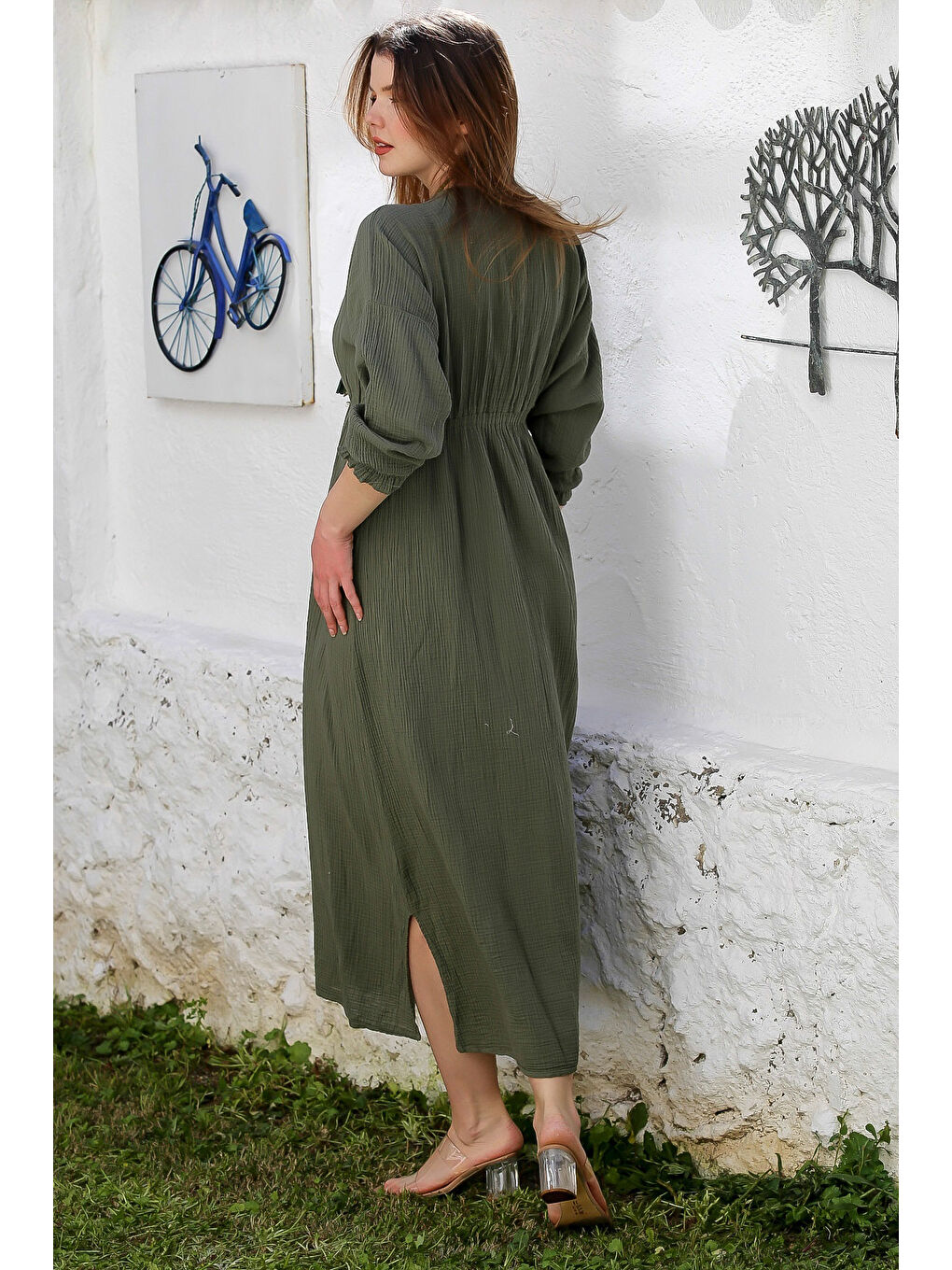 Haki Kruvaze Yaka 3/4 Kol Yıkamalı Yırtmaçlı Casual Müslin Uzun Dokuma Elbise 130 60-7