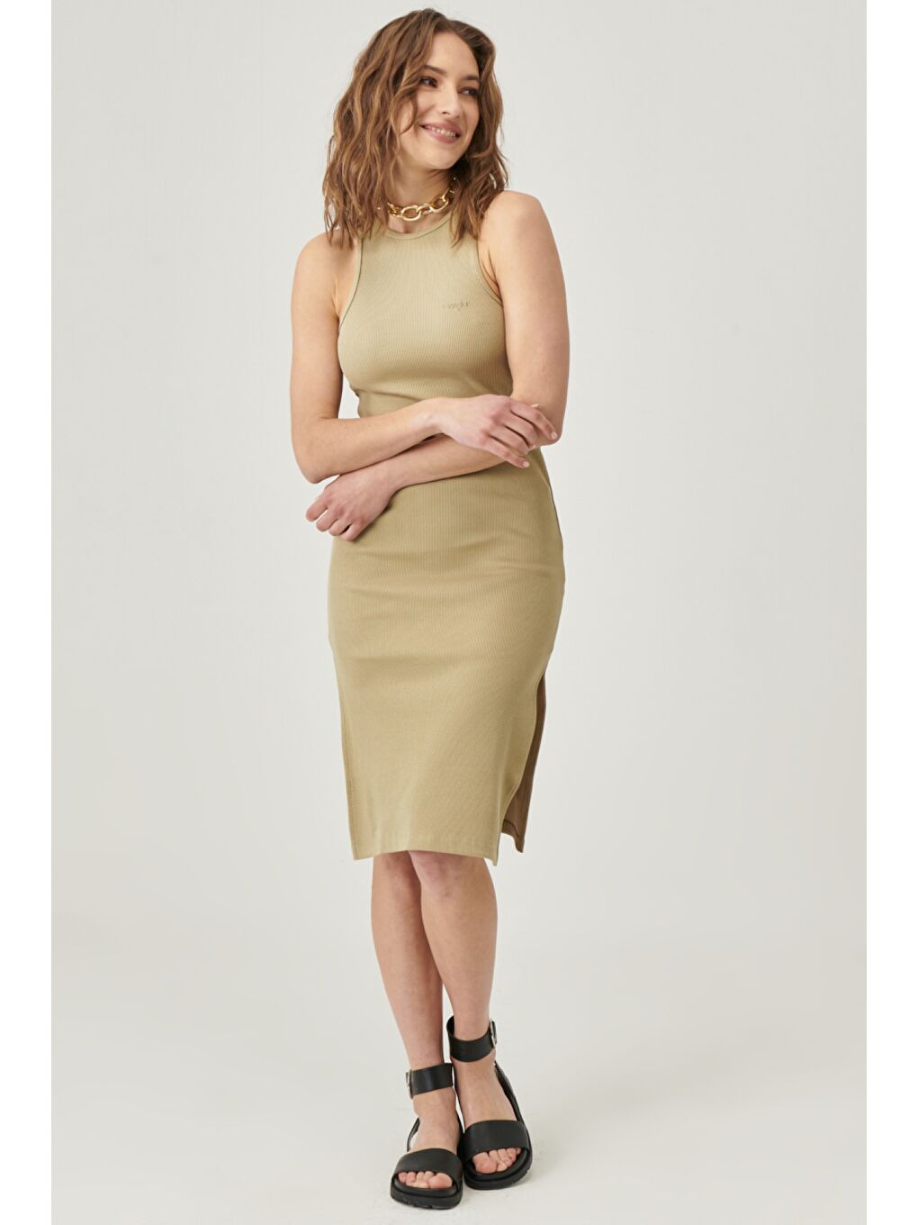 Bej Skinny Fit %100 Pamuk Kolsuz Elbise-1