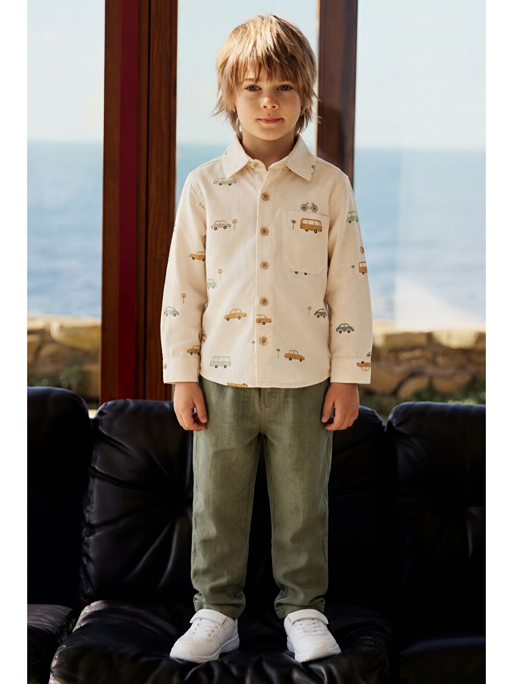 Karışık Erkek Çocuk Pamuklu Bej Araba Desenli Gömlek Pantolon Takım - Cepli Düğmeli-2