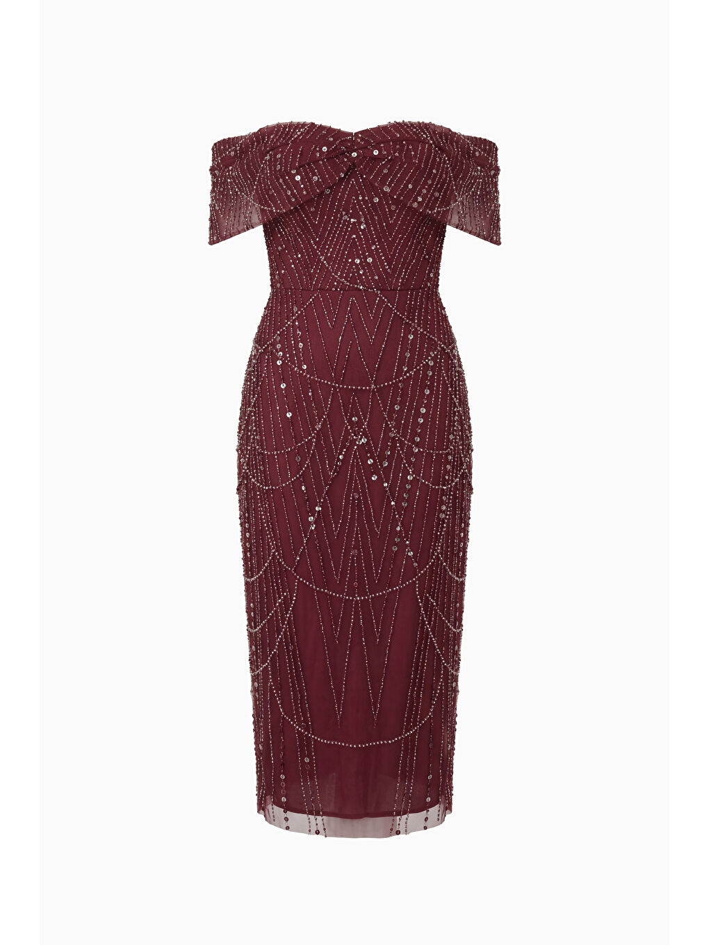 Kadın Bordo Kayık Yaka Boncuklu Midi Abiye Elbise-6