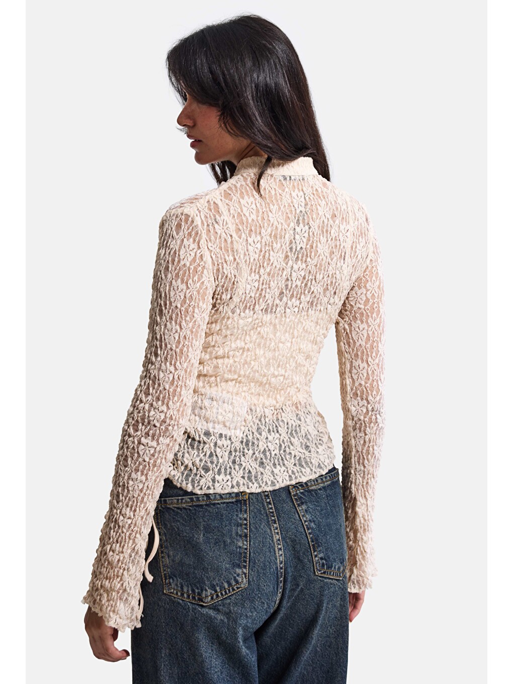 Kadın Bej W6-101 Crop Dantelli Transparan Çift Parça Tasarım Bluz-3