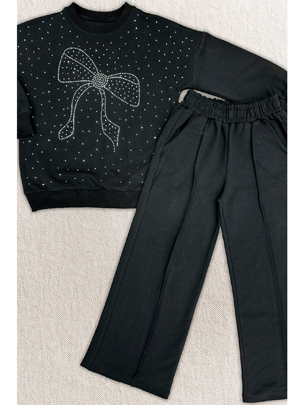Siyah Kız Çocuk Taş Süslemeli Fiyonk Desenli 2 İplik Alt-Üst Takım 4-12 Yaş 12512-1