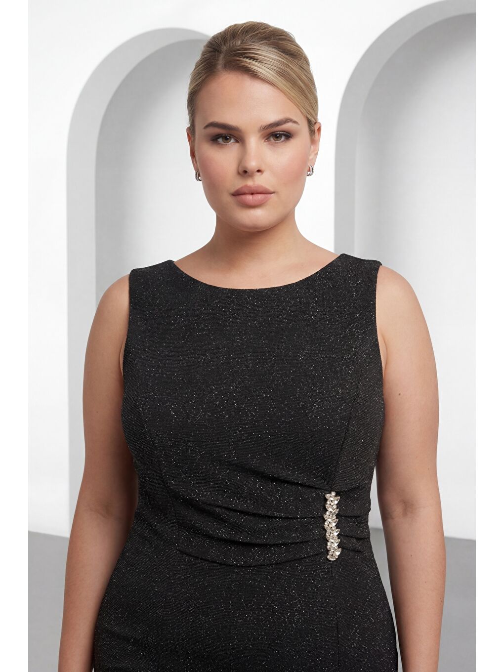 Kadın Siyah Bisiklet Yaka Taşlı Büyük Beden Abiye Elbise-2