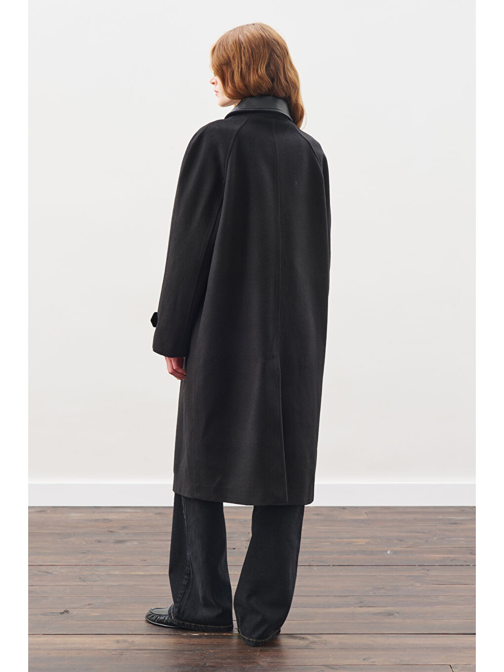 Deri Detaylı Kaşe Kaban Siyah-7