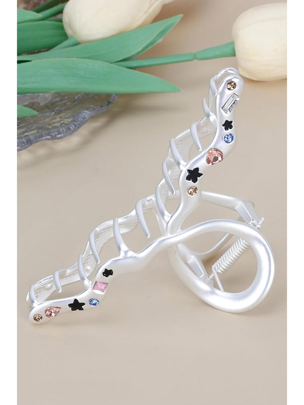 Gri Astral Taşlı Metal 11 cm Lüks Mandal Toka-2