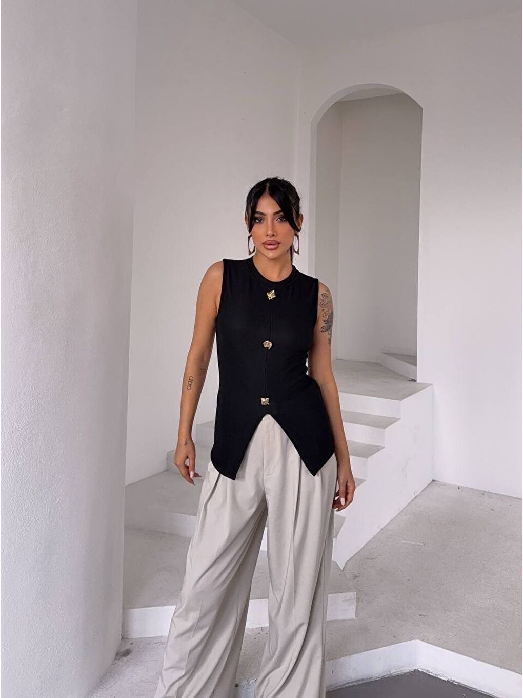 Ottoman Düğme Detay Bluz Siyah-1