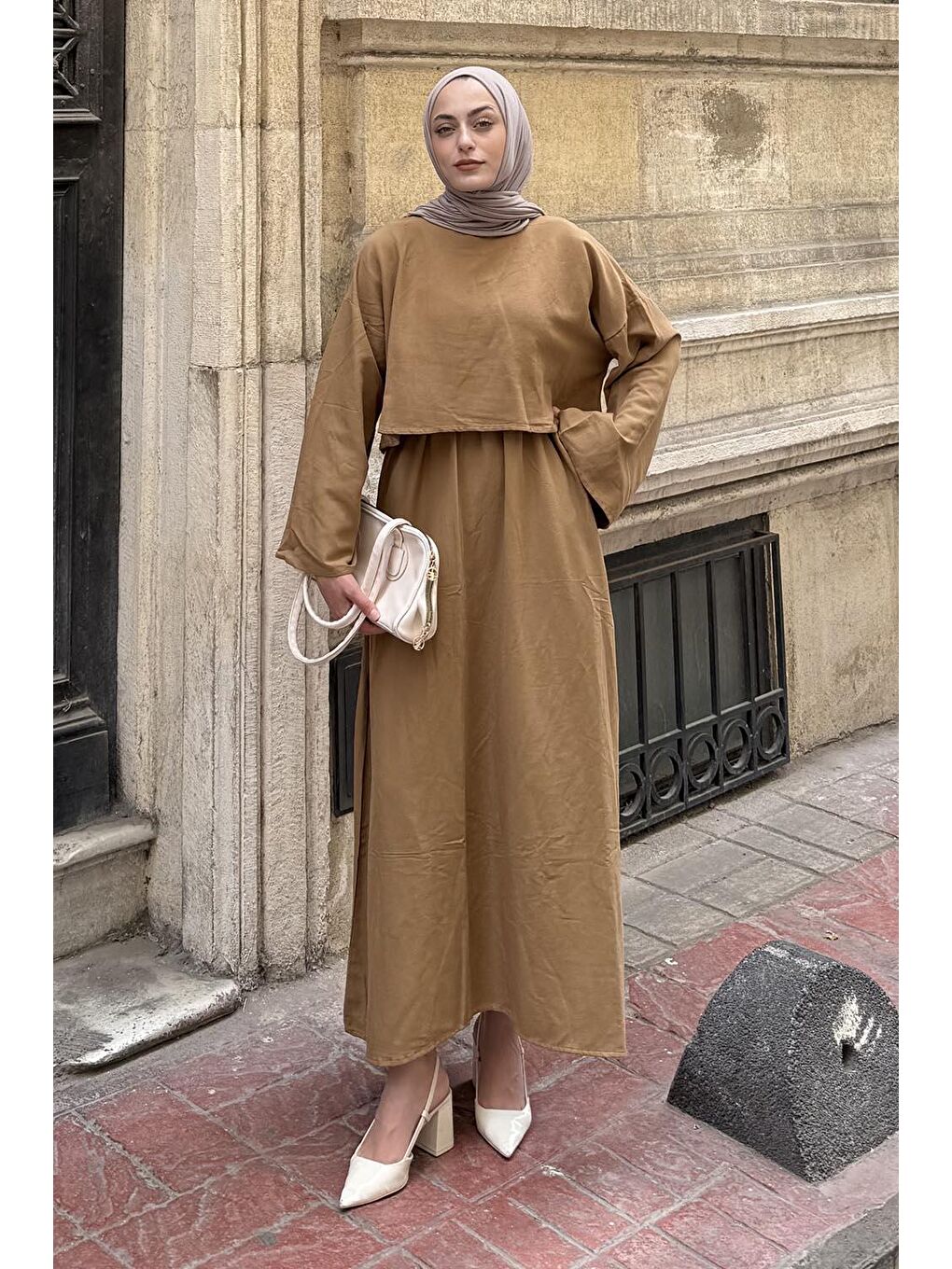 Kahverengi Etekli Tesettür Takım Camel