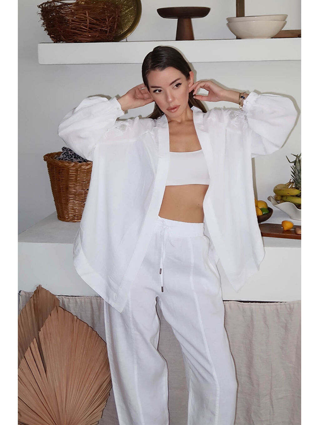 Xhan Ekru İnci İşlemeli Oversize Kimono 4KXK4-47952-52