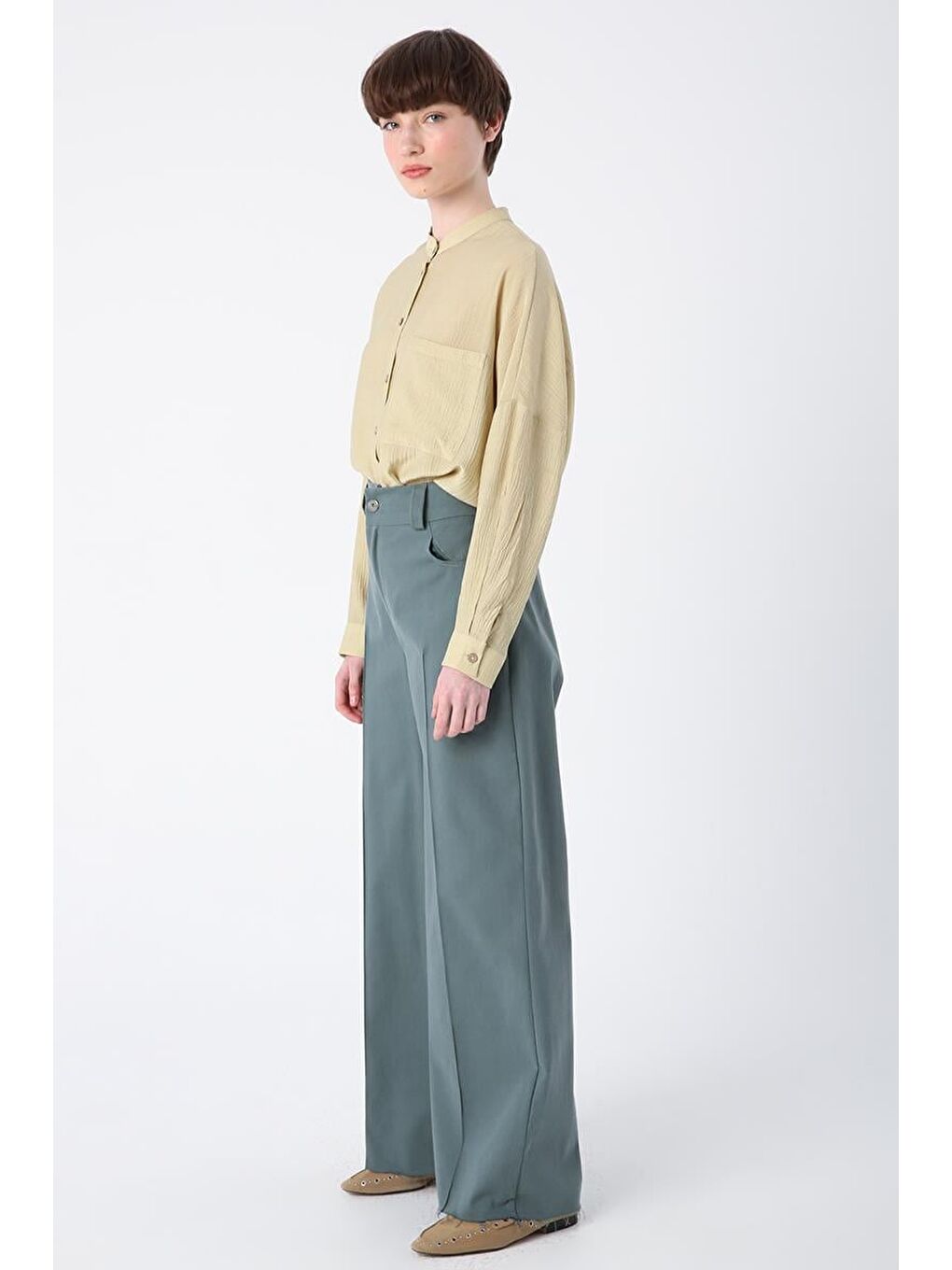 Pastel Yeşili-Pamuklu Paçası Püsküllü Nervürlü Bol Paça Pantolon-2