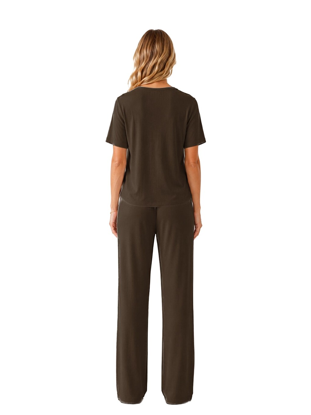 Premium - Neat Collection | Kahverengi Rib Dokulu V Yaka Modal Viskon Bol Paça Kadın Pijama Takımı-2
