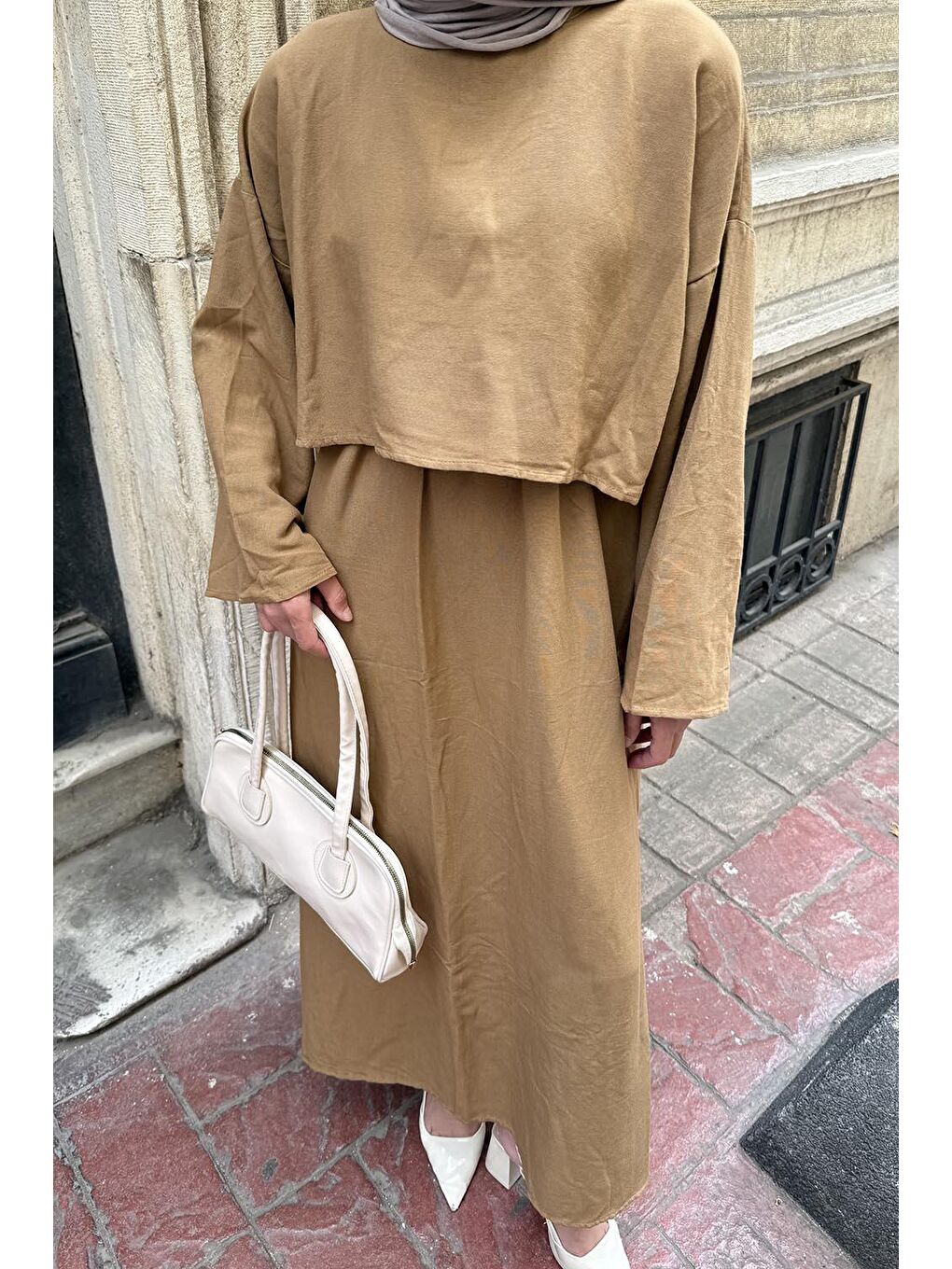 Kahverengi Etekli Tesettür Takım Camel-2